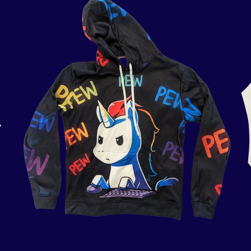 New Unicorn Pew Pew Gaming Hoodie Sz M All Over Print Cartoon Multicolor Black